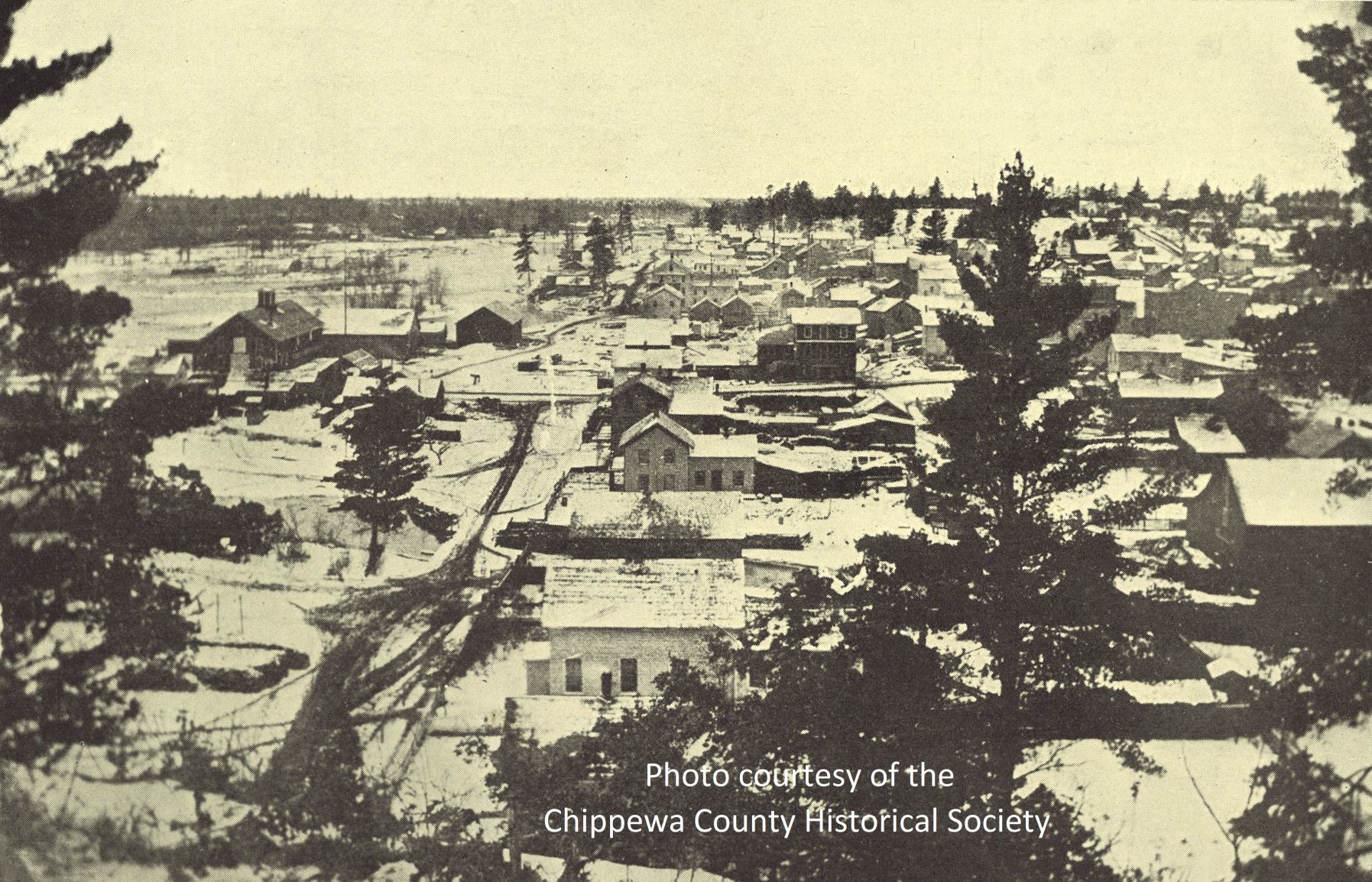 1868 view of Chippewa Falls from the Notre Dame Church (East Hill)